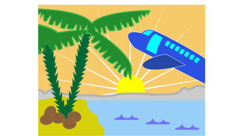 Tropical holiday island with beach and airplaneのイラスト素材