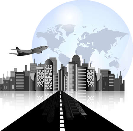 City skyline with road, airplane and earth background for international businessのイラスト素材