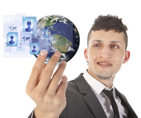 Young man holding earth with social media symbols isolated on white.