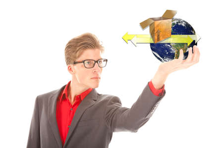 Young man holding earth with transport symbols isolated on white.  