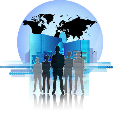 Illustration of city skyline with earth and business groupのイラスト素材