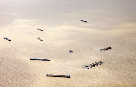 View at dredger ships from aboveの写真素材