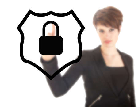 Young woman with protection shield isolated in white backgroundの写真素材