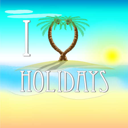 Illustration of holidays on beach with love palm trees and sunのイラスト素材