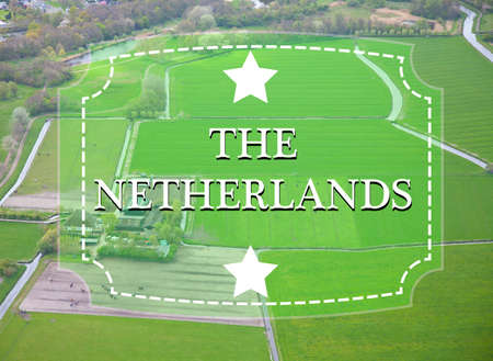 Dutch farm landscape from above with vintage labelの写真素材