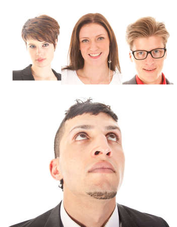 Young businessman with friends isolated on white backgroundの写真素材