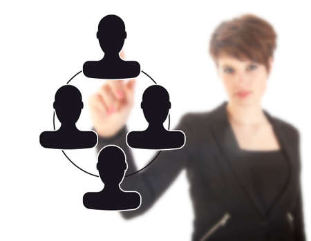 Unsharp young businesswoman with black virtual friends isolated on white backgroundの写真素材