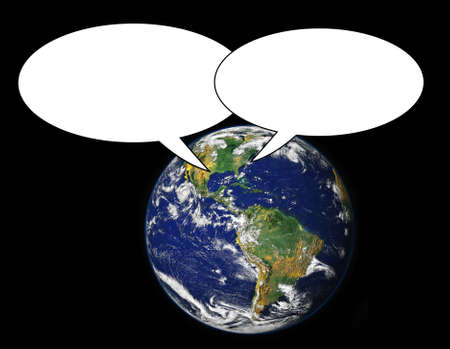 Two text balloons with earth background. Elements of this image furnished by NASAの写真素材