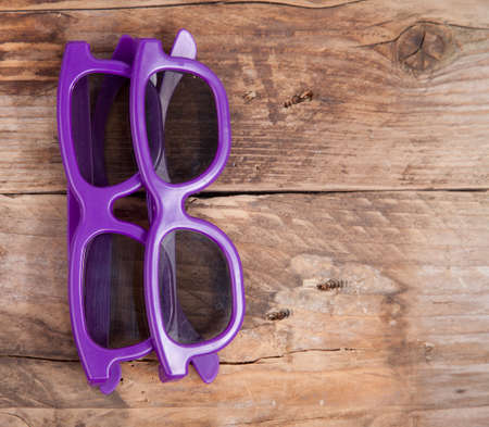 Two 3d glasses on wooden backgroundの写真素材