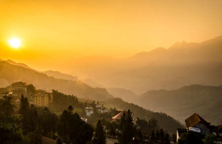Sa Pa, a city in the mountains on sunsetの写真素材