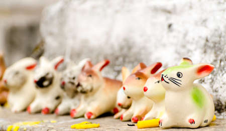 Ceramic rabbits on the wallの写真素材