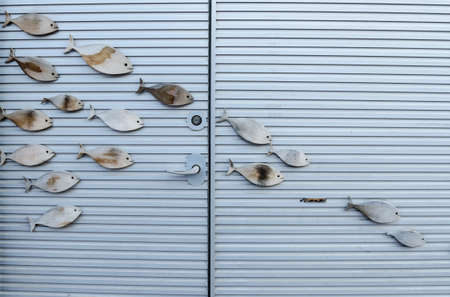 Fish sculpture on the wallの写真素材