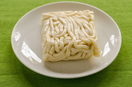 White udon noodle in white dish on green table background