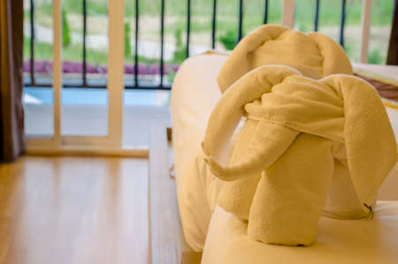 Elephant made by towel in thai hotelの写真素材