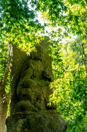 Blurred background, blur stone statue in blur maple leaves for backgroundの写真素材
