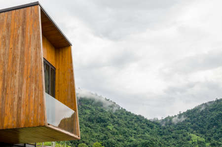 Outdoor balcony deck over blur mountain viewの写真素材