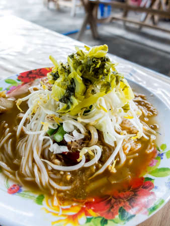 Thai vermicelli eaten with curry, Thai Food, rice vermicelli in rural resterentの写真素材