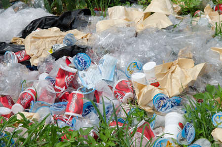 CHIANGRAI PROVINCE, THAILAND-JULY 1 2016, Plastic cups from banquet or party in waste landfill.のeditorial素材