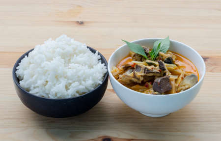 Red Curry with Chicken and Bamboo Shoots with Rice, Thai Food, Thailandの写真素材