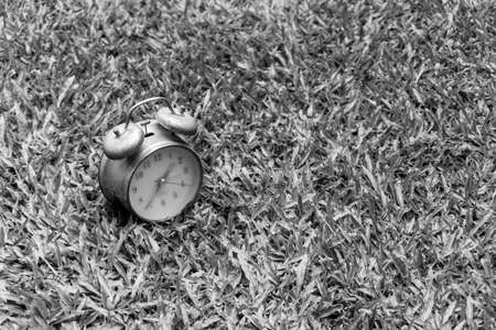Old clock on green glass in the morning, black and white pictureの写真素材