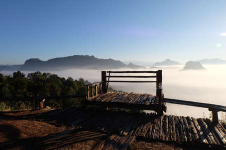 In the morning, sea of the misty mountain, blur backgroundの写真素材