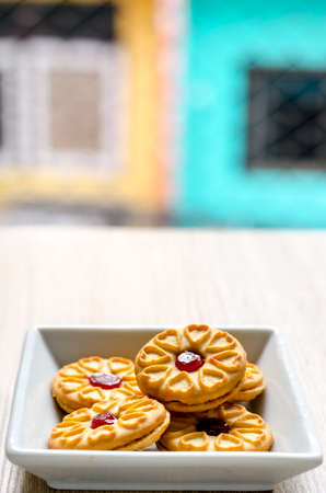 Sweet strawberry jam cookies for relax timeの写真素材