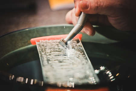 Testing metal Dental equipment tools with blurry backgroundの写真素材