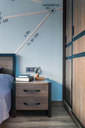 10.21.2019. Moscow. Russia. Bedroom with modern bed and nightstandsのeditorial素材