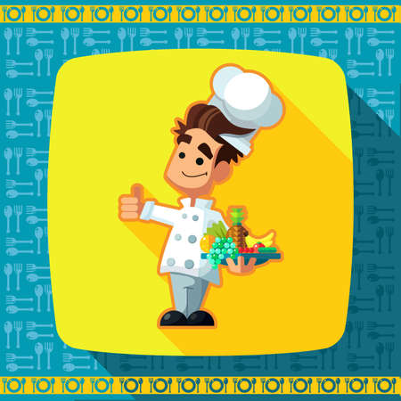 Set of icons on a theme kitchen. Funny chef -cook depicted in the style of flat.のイラスト素材