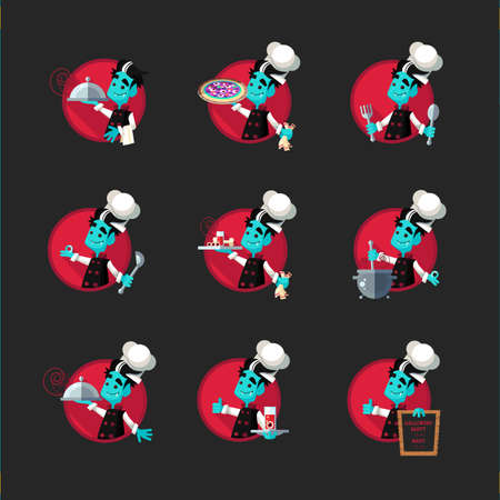 Round flat vector icon set with vampire cook and Halloween kitchenwareのイラスト素材
