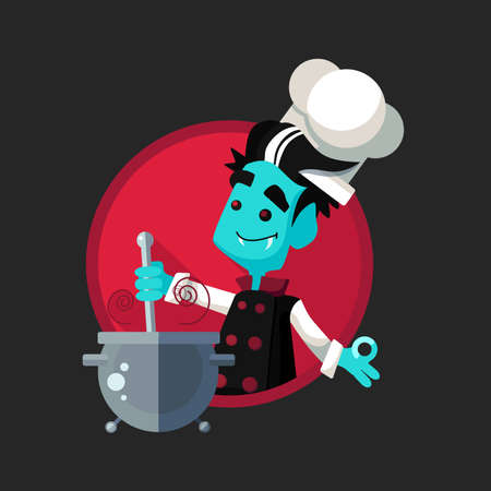 Round flat vector icon with vampire cook and Halloween kitchenwareのイラスト素材