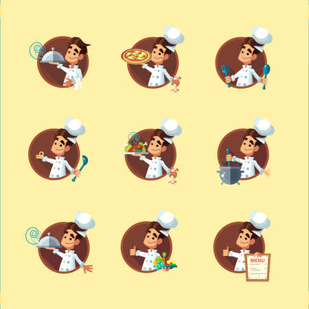 Round flat vector icon set with cook and kitchenwareのイラスト素材