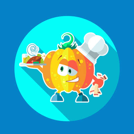 Round flat vector icon set with chef pumpkin and kitchenwareのイラスト素材