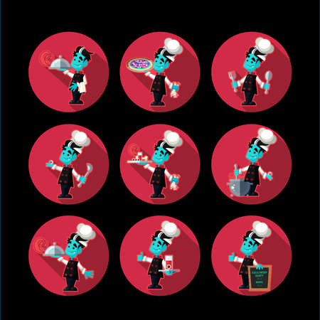 Round flat vector icon with vampire cook and kitchenware for halloweenのイラスト素材