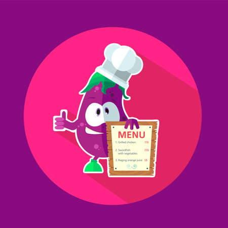 Round flat vector icon with chef eggplant and kitchenwareのイラスト素材