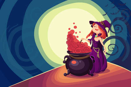 Vector Halloween poster background card with cute young witch.のイラスト素材