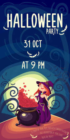 Vector Halloween poster background card with cute young witch.のイラスト素材