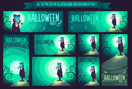 Big set with vector illustration for Halloween party with vampire Draculaのイラスト素材