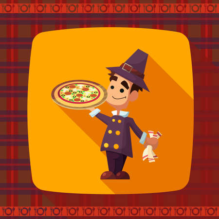 Flat vector card with cartoon pilgrim and kitchenware for menu in a restaurant or an invitation to Thanksgiving Dayのイラスト素材