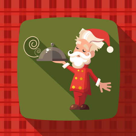 Flat vector card with cartoon Santa Claus and kitchenware for menu in a restaurant or an invitation to Christmas and New Year partyのイラスト素材
