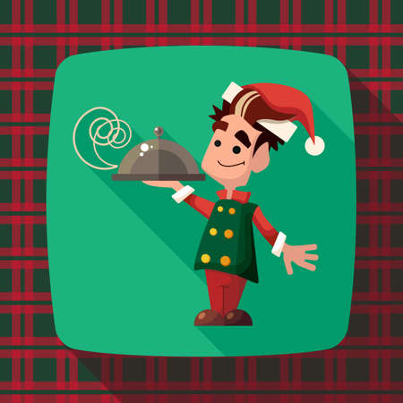 Flat vector card with cartoon Elf and kitchenware for menu in a restaurant or an invitation to Christmas and New Year partyのイラスト素材