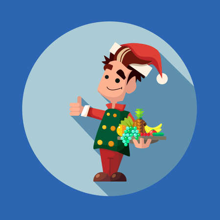Flat vector card with cartoon Elf and kitchenware for menu in a restaurant or an invitation to Christmas and New Year partyのイラスト素材