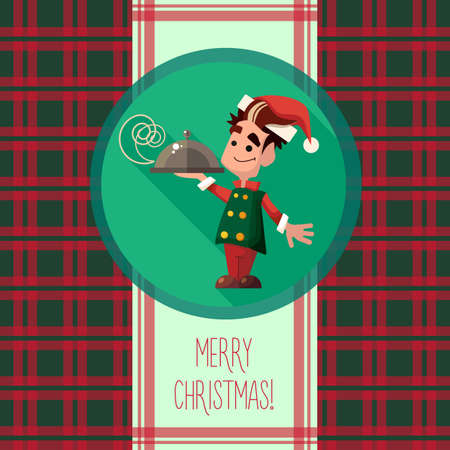 Flat vector card with cartoon Elf and kitchenware for menu in a restaurant or an invitation to Christmas and New Year partyのイラスト素材