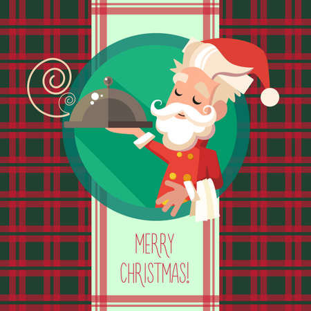 Flat card with cartoon Elf and kitchenware for menu in a restaurant or an invitation to Christmas and New Year partyのイラスト素材