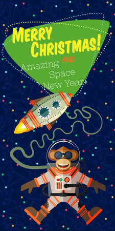 Christmas greeting card: Merry Christmas and amazing space New Year. Monkey astronaut in outer space in flat style.のイラスト素材