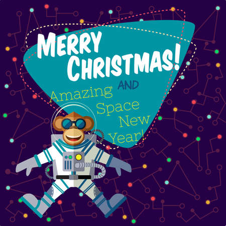 Christmas greeting card: Merry Christmas and amazing space New Year. Monkey astronaut in outer space in flat style.のイラスト素材