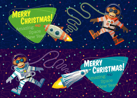Christmas greeting card: Merry Christmas and amazing space New Year. Monkey astronaut in outer space in flat style.のイラスト素材