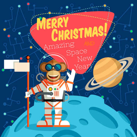 Christmas greeting card: Merry Christmas and amazing space New Year. Monkey astronaut in outer space n the Mars in flat style.のイラスト素材