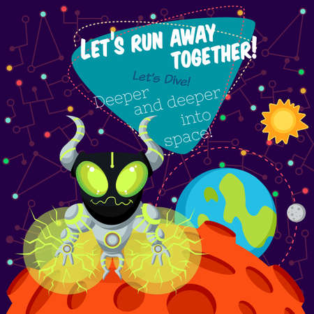 Vector illustration in flat style about outer space. Planets in the univers. Greeting cardのイラスト素材