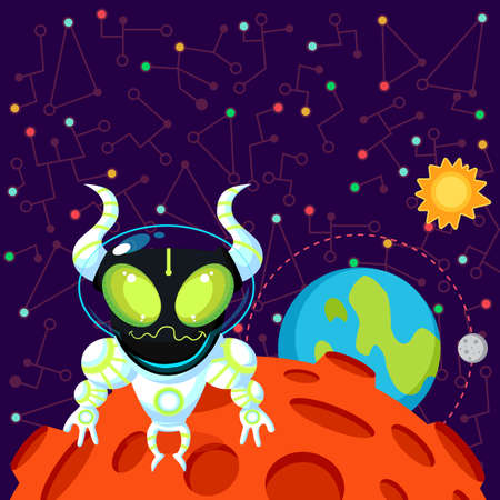 Vector illustration in flat style about outer space. Planets in the univers. Greeting cardのイラスト素材